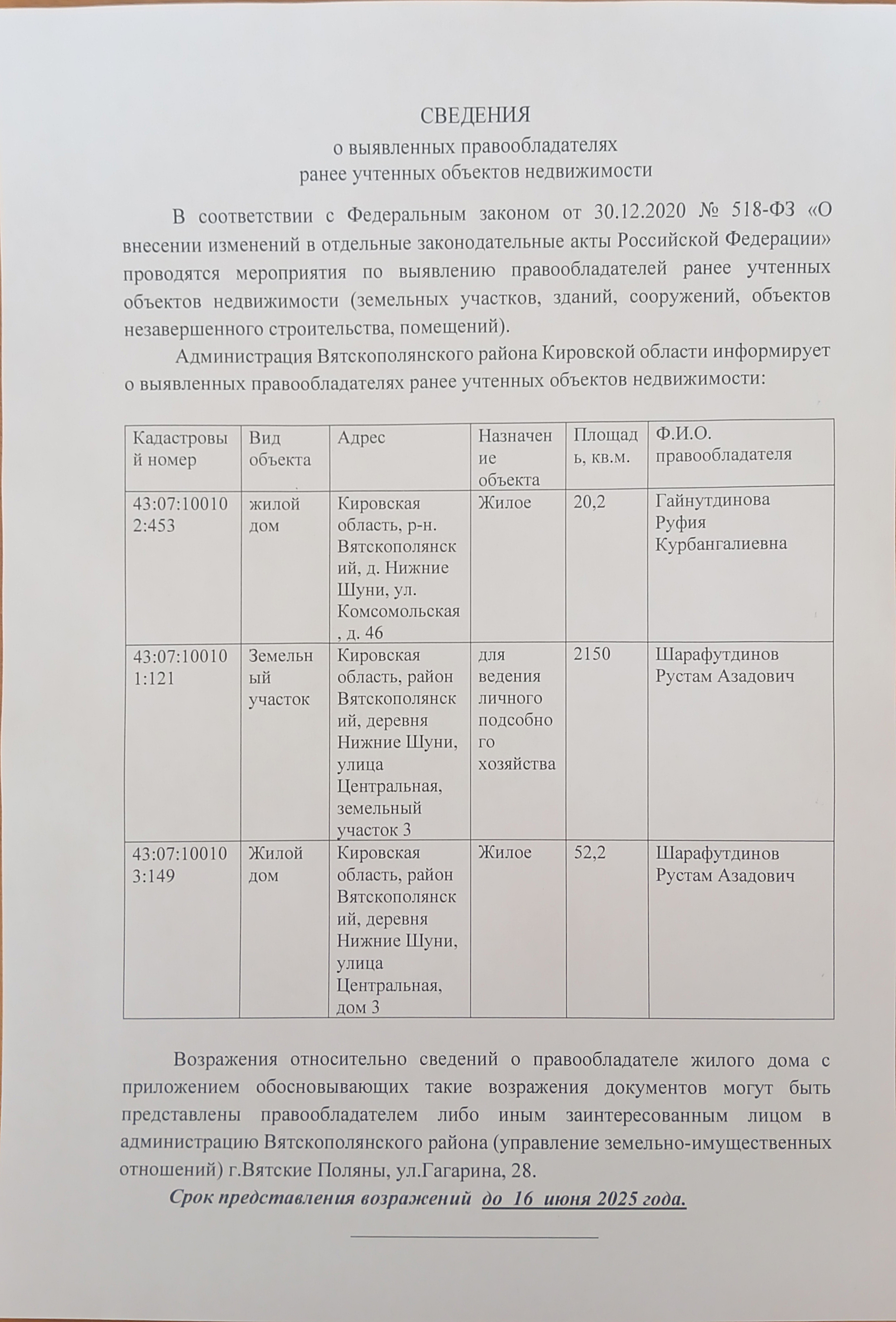 СВЕДЕНИЯ о выявленных правообладателях  ранее учтенных объектов недвижимости.